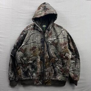 Cabelas Camo Hooded Bomber Jacket Mens 2XL Brown Realtree Quilted Lined Zip Up